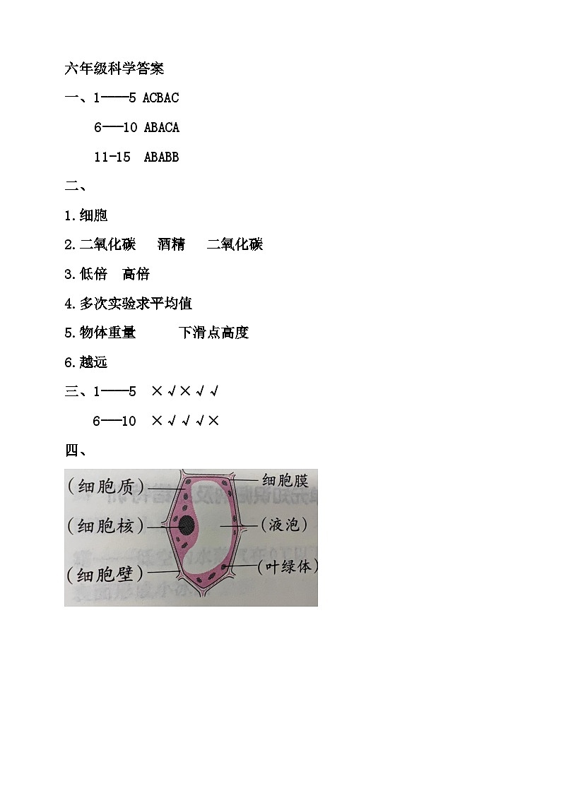 六年级科学答案第1页