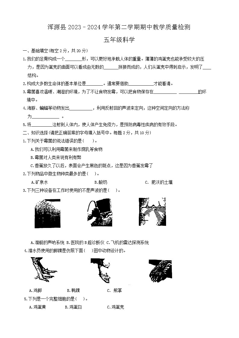 山西省大同市浑源县2023-2024学年五年级下学期期中考试科学试题第1页