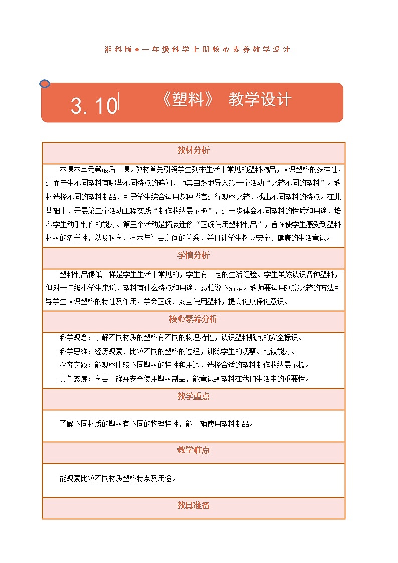 【湘科版】一上科学  3.10《塑料》课件+教案01
