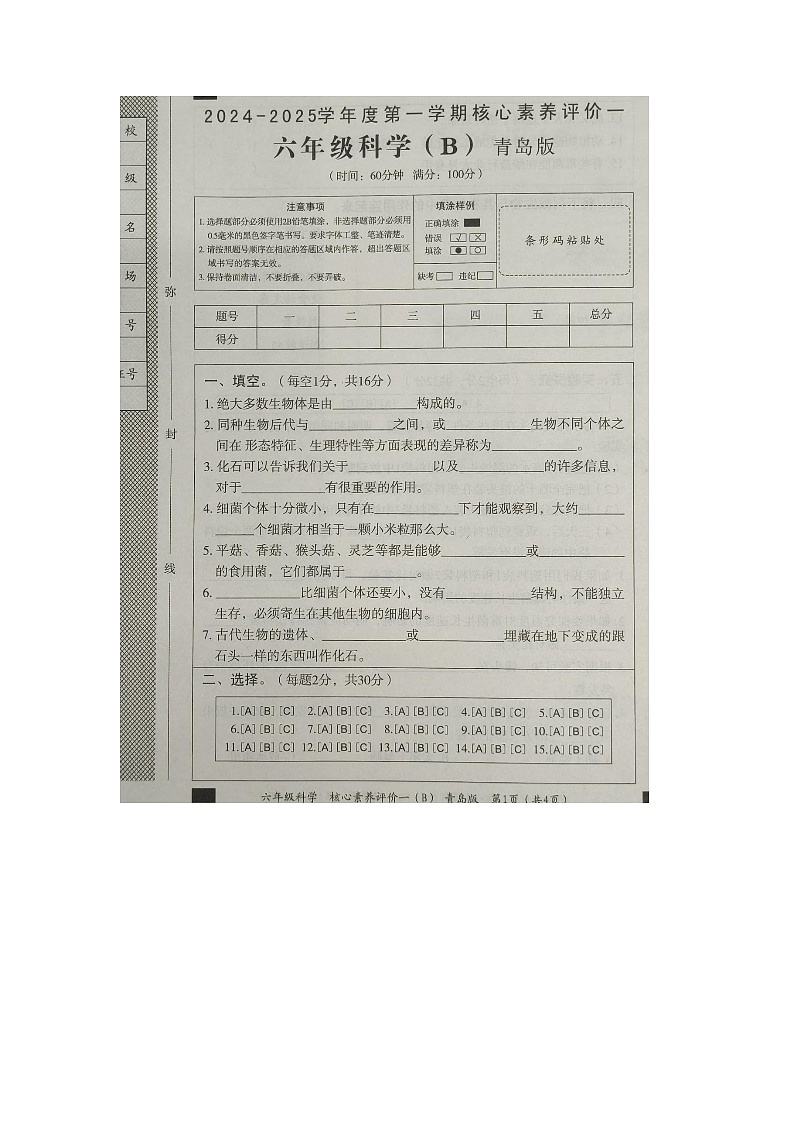山东省济宁市金乡县2024-2025学年六年级上学期10月月考科学试题01