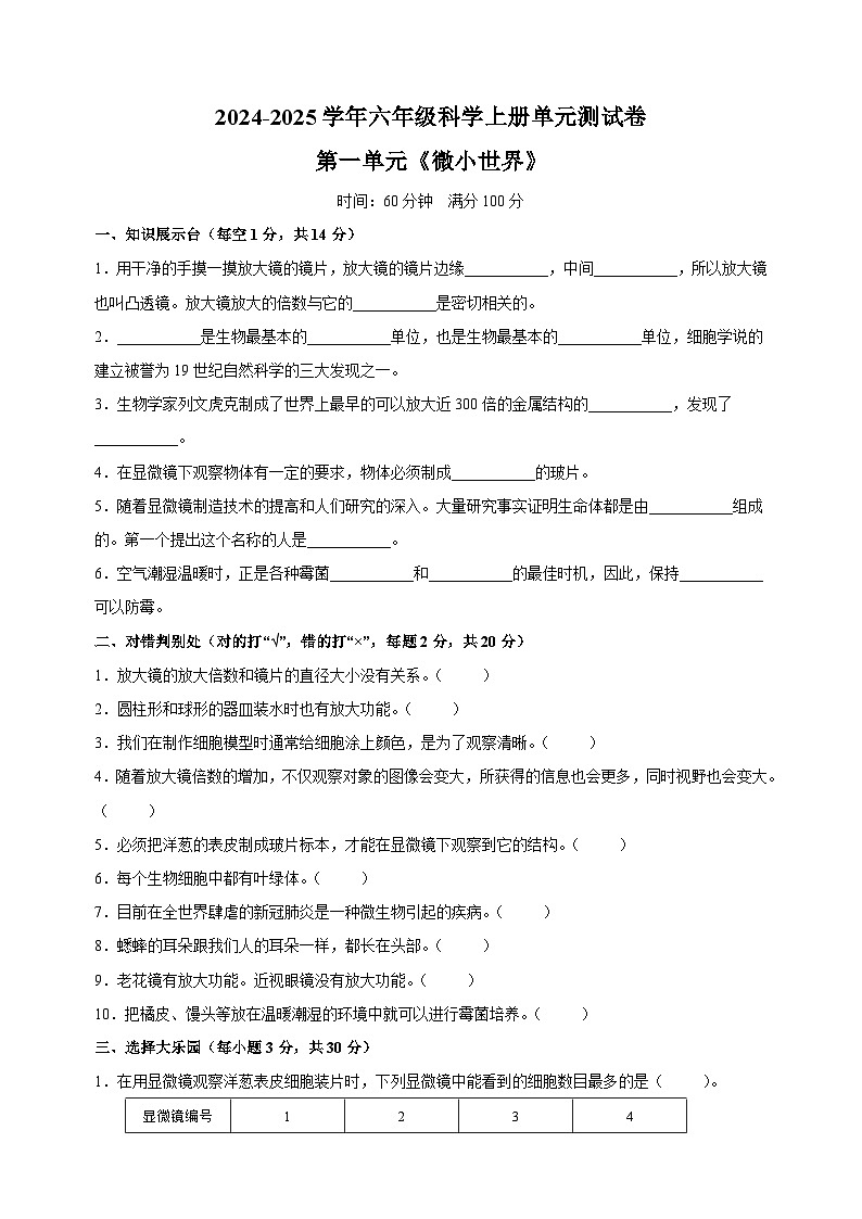 2024-2025学年六年级科学上册第一单元《微小世界》测试卷（教科版）第1页