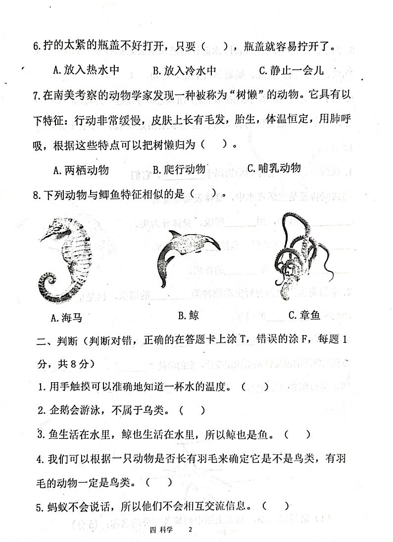 山东省济宁市汶上县2024-2025学年四年级上学期10月月考科学试题02