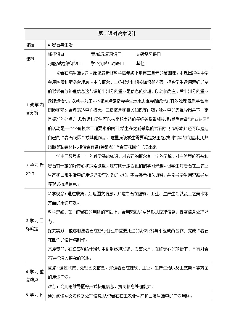 【大单元整体教学】大象版科学四年级上册2.4岩石与生活 单元整体设计+课件+教案01