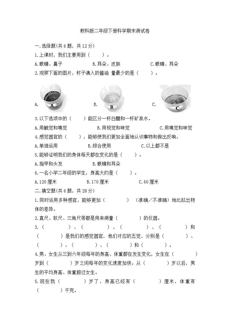 二年级下册科学教科版》期末检测101
