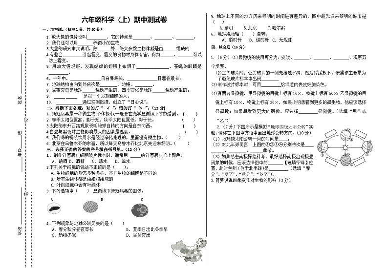 期中测试卷（试题）-2024-2025学年六年级上册科学教科版第1页