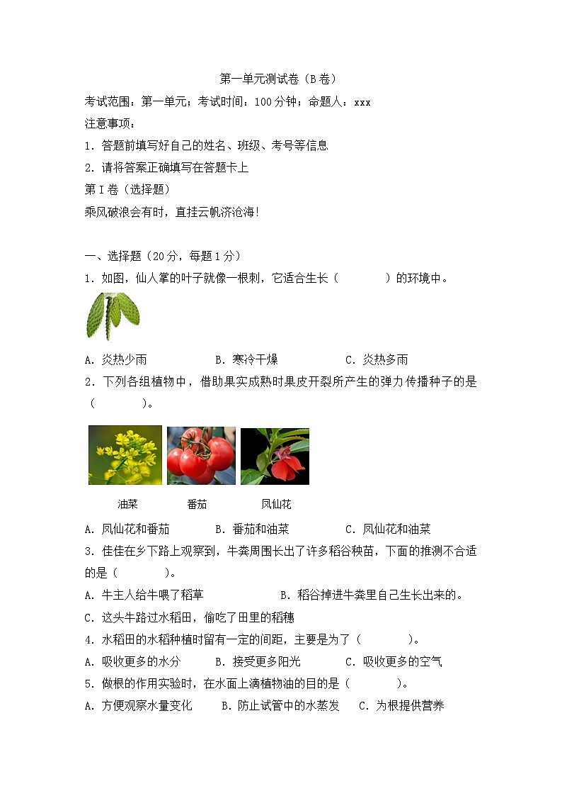 《第一单元：植物的生长变化（提升卷）》单元检测第1页