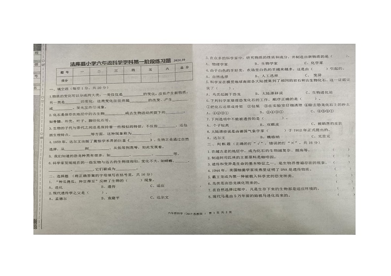 辽宁省沈阳市法库县2024-2025学年六年级上学期11月月考科学试题01