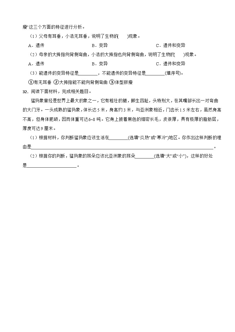 河北省邢台市威县枣园校区2024-2025学年六年级上学期第一阶段能力提升月考科学试卷03
