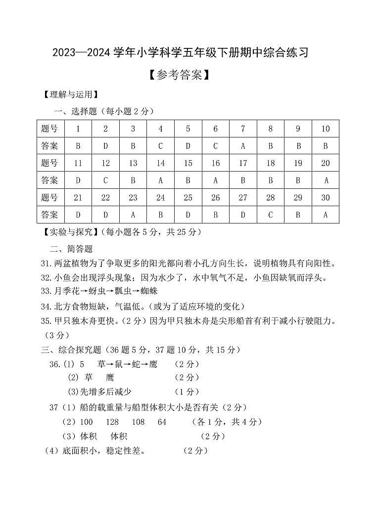 福建省宁德市蕉城区2023-2024学年五年级下学期期中科学试卷 参考答案第1页