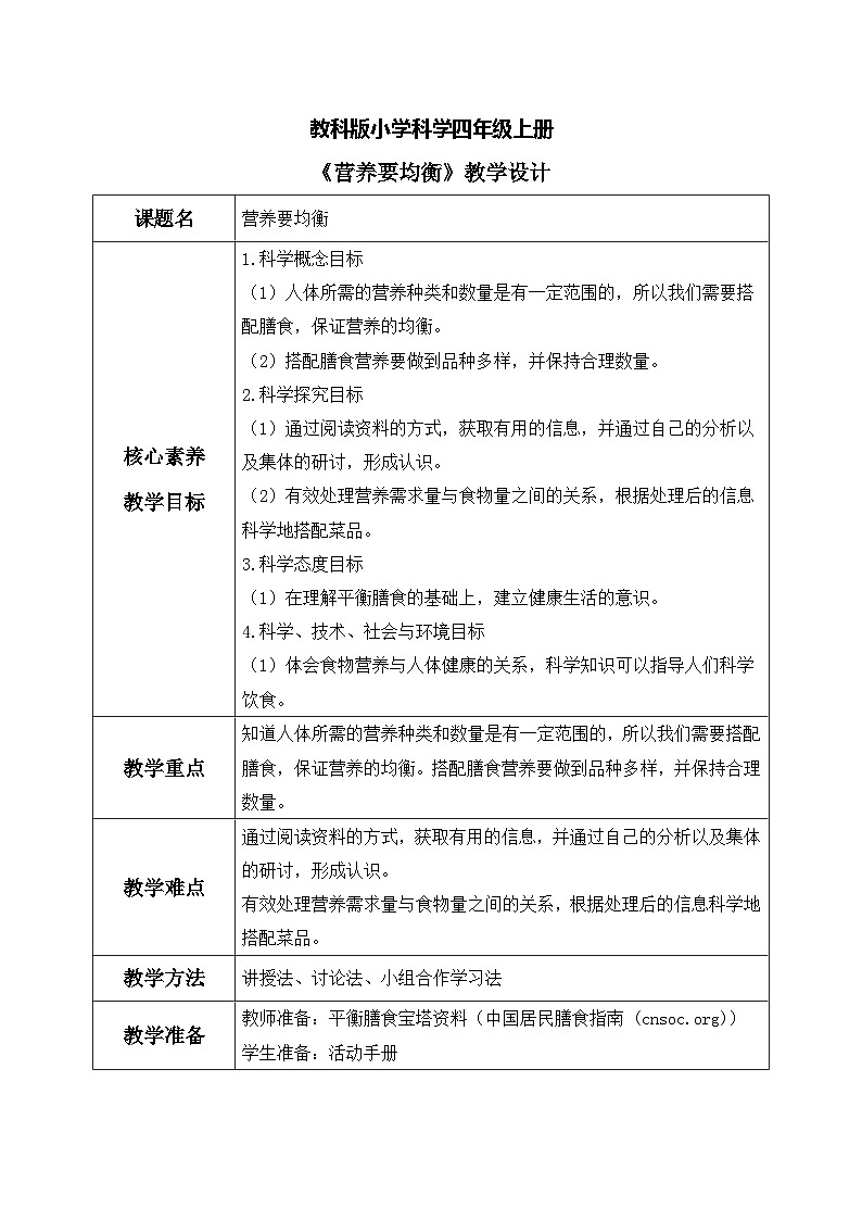 【核心素养目标】教科版 科学 四上 2.6《营养要均衡》教案（表格式+教学反思）第1页