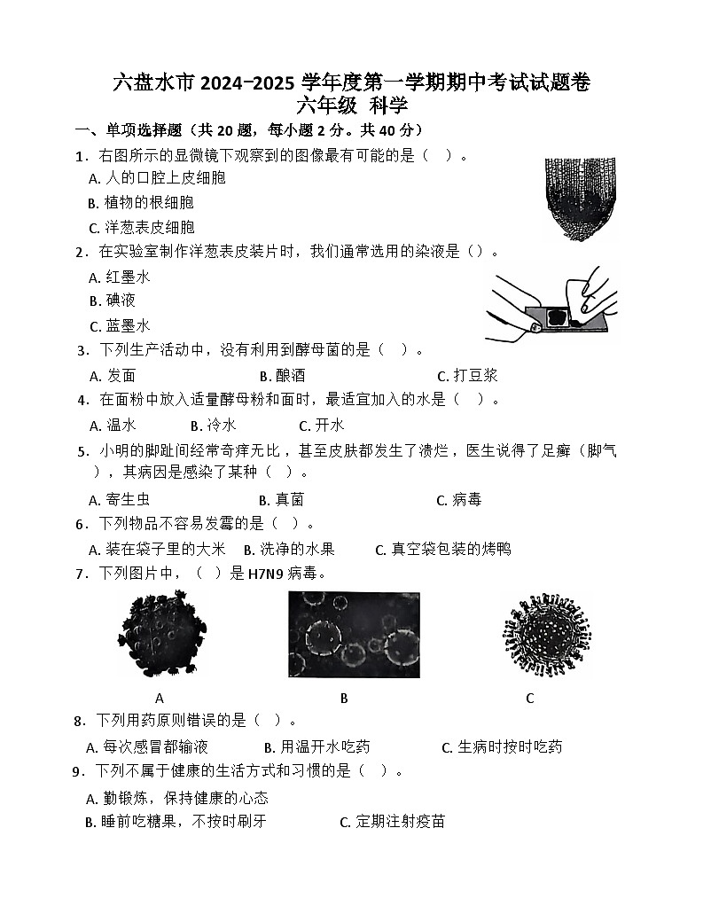 贵州省六盘水市2024-2025学年六年级上学期期中科学试题01