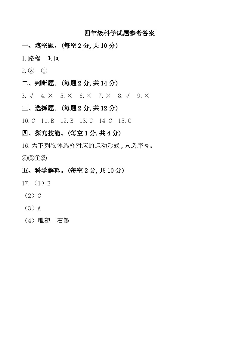 河南省许昌市许昌县多校2024-2025学年四年级上学期期中科学试题参考答案第1页
