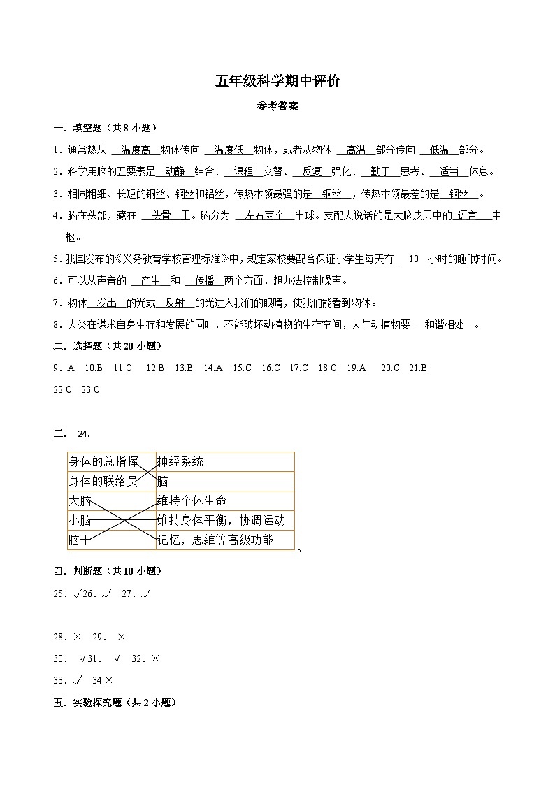 五年级科学期中评价参考答案第1页