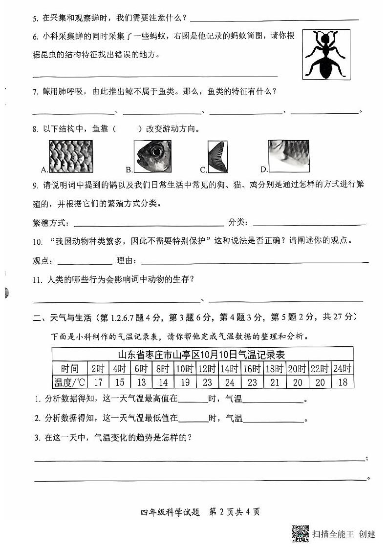 山东省枣庄市山亭区2024--2025学年度第一学期期中阶段性监测试题四年级科学第2页
