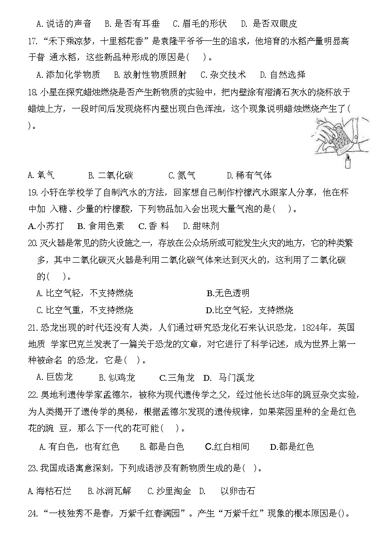 福建省厦门市同安区大同中心小学2024--2025学年六年级上学期期中考试科学试卷03