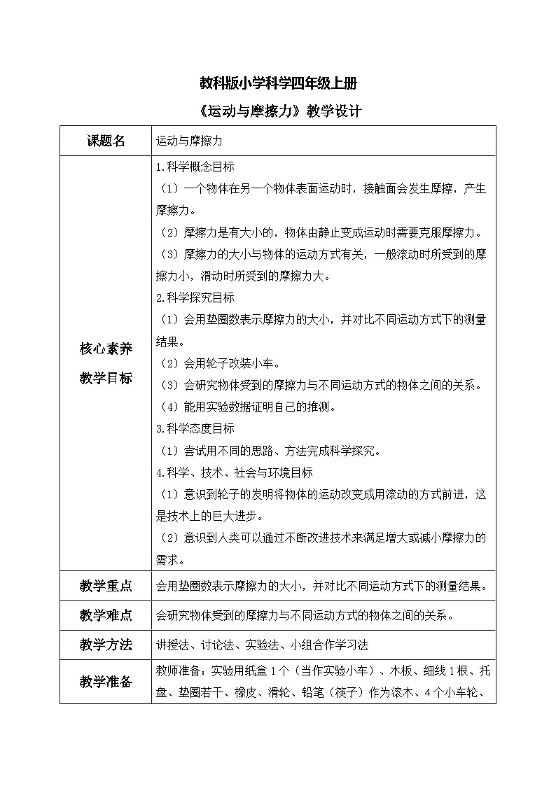 【核心素养目标】教科版 科学 四上 3.5《运动与摩擦力》教案（表格式+教学反思）第1页