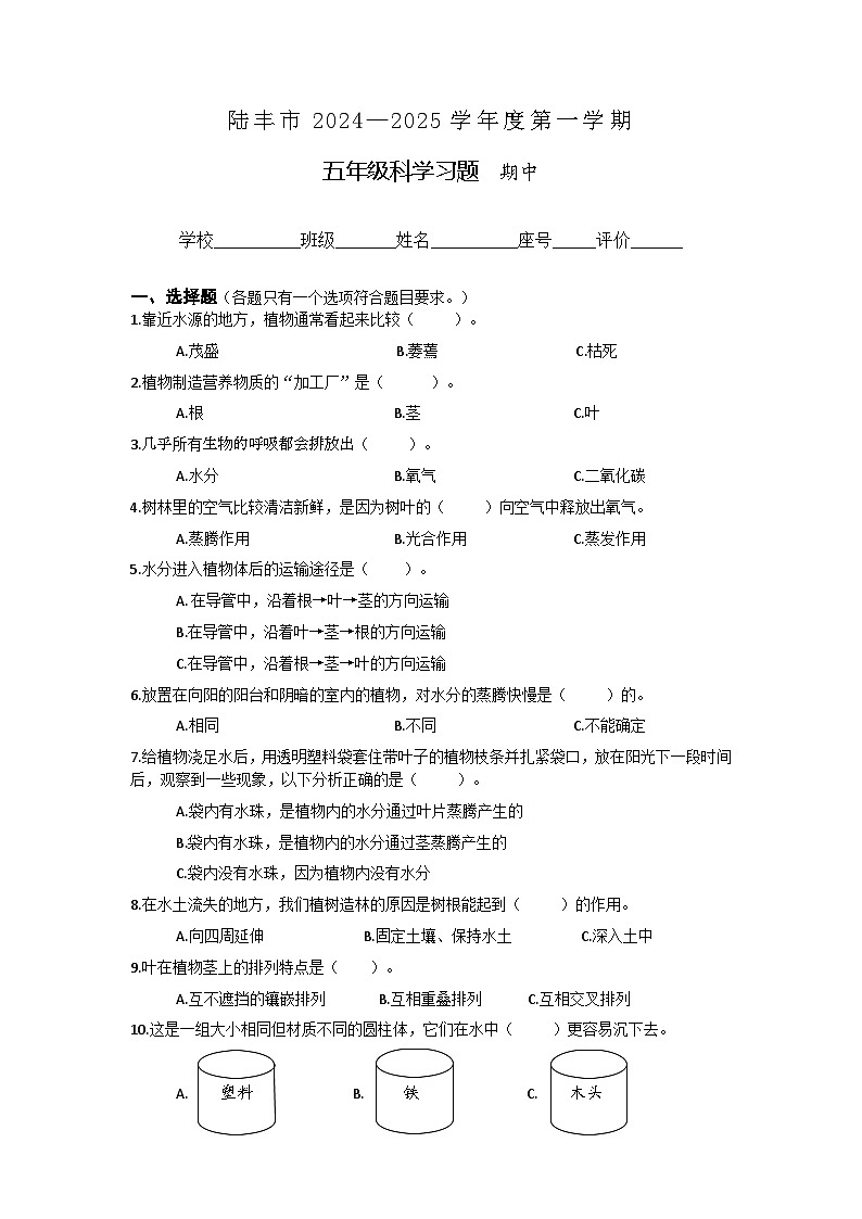 广东省汕尾市陆丰市河东镇2024-2025学年五年级上学期期中科学试题第1页