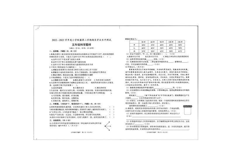山东省菏泽市定陶区2022-2023学年五年级下学期期末科学试卷第1页