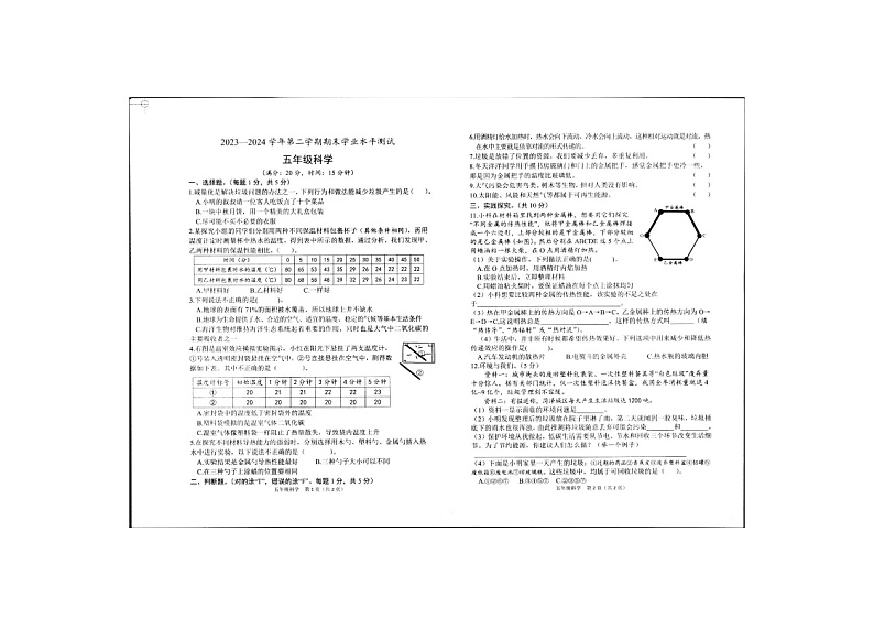 山东省菏泽市定陶区2023-2024学年五年级下学期期末科学试卷第1页