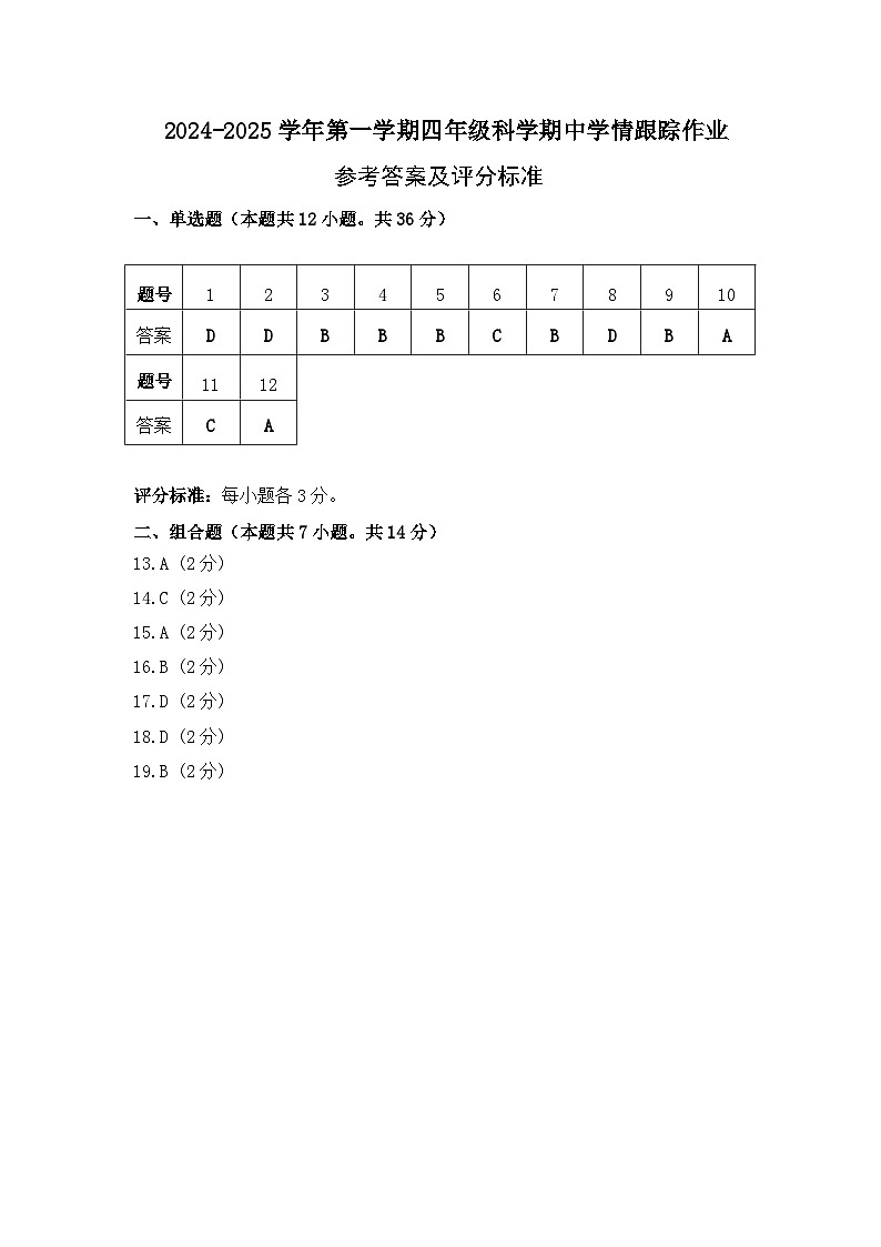 2024-2025学年第一学期四年级科学期中学情跟踪作业参考答案第1页