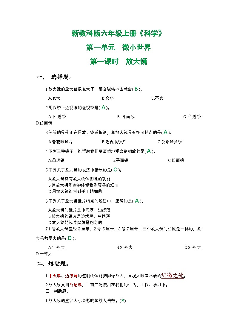 新教科版六年级上册《科学》第一单元微小世界第一课时放大镜课时作业练习【附参考答案】01