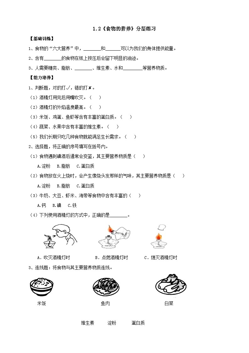 人教鄂教版科学【核心素养目标】1.2《食物的营养》分层练习（含答案）第1页