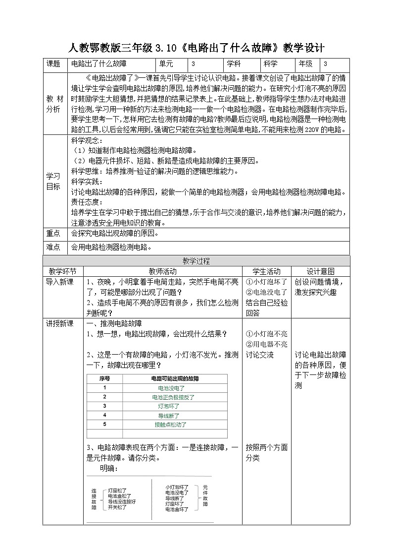 人教鄂教版科学【核心素养目标】3.10《电路出了什么故障》教案01