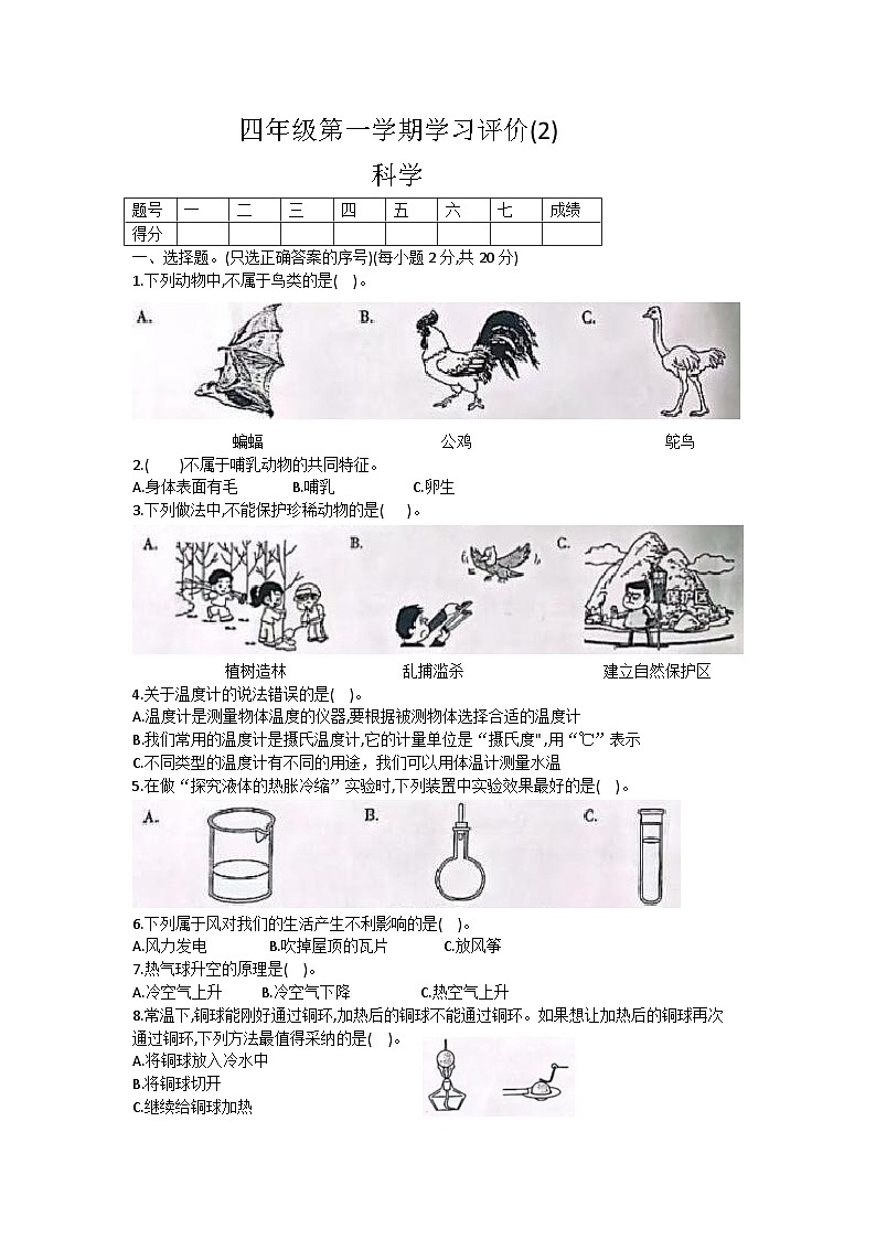 山东省德州市宁津县第四实验中学（小学部）希望小学等2024-2025学年四年级上学期11月期中科学试题第1页