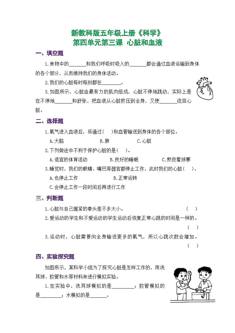 新教科版五年级上册《科学》课时练习第四单元第三课  心脏和血液【后附参考答案】第1页