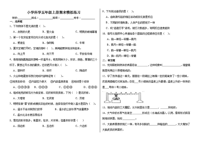 期末模拟检测（试题）-2024-2025学年小学科学五年级上册教科版第1页