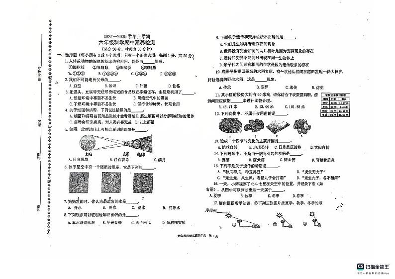 2024-2025学年级第一学期山东省宁津县育新中学等校六年级科学期中试卷第1页