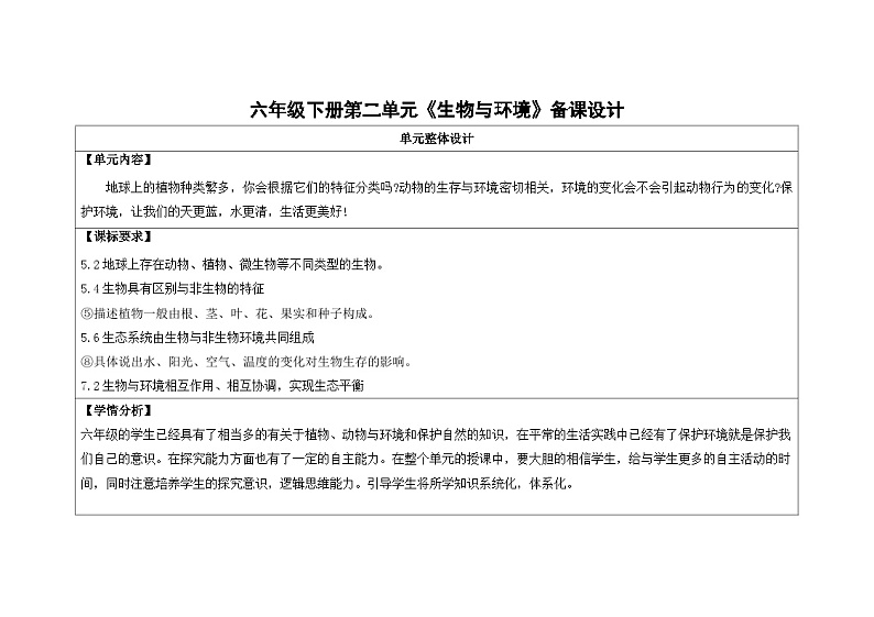 第二单元《生物与环境》教学设计 -2023-2024学年科学六年级下册青岛版第2页
