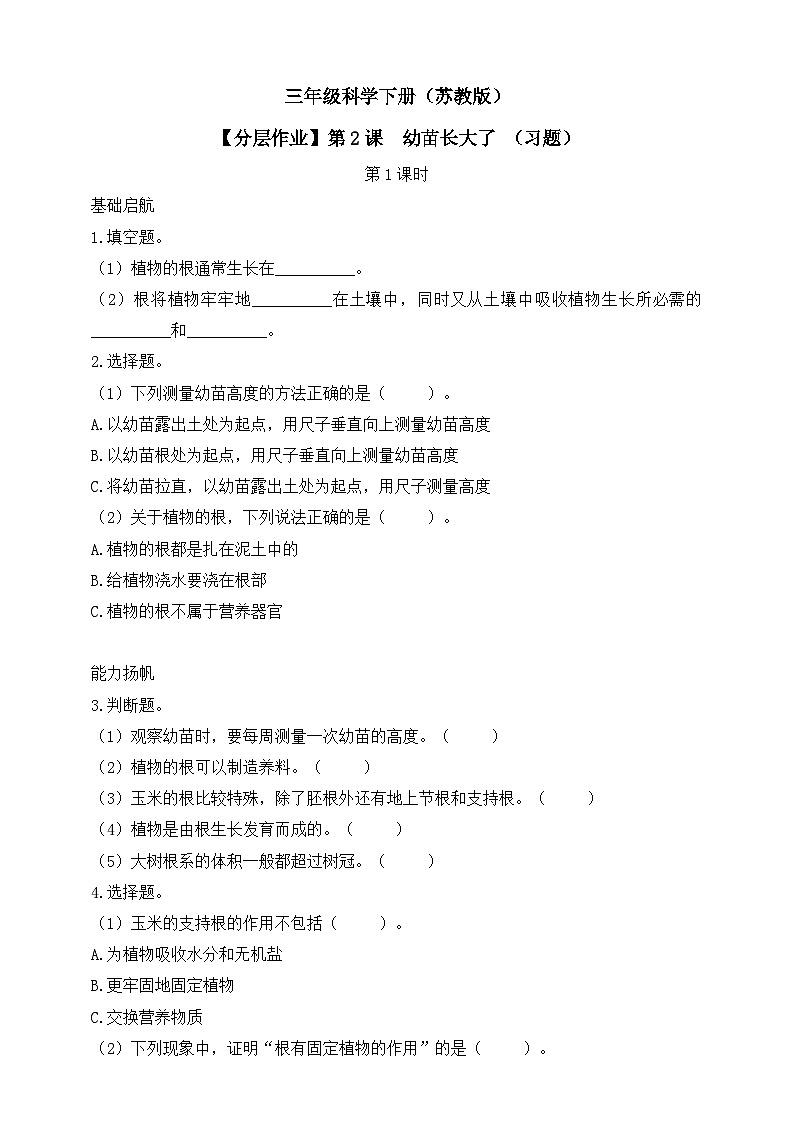 【核心素养】苏教版（2017）科学三下 1.2《幼苗长大了》分层练习（含答案）第1页