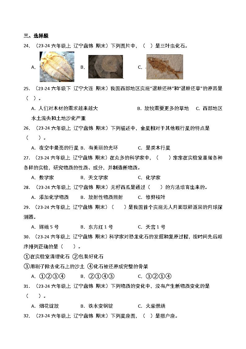 真题改编试卷-2024-2025学年科学六年级上学期期末（辽宁专版）-A4第3页