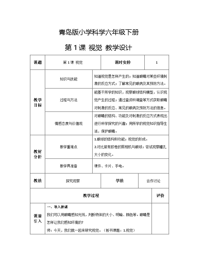 青岛版六三制（2017）科学六年级下册 第1课《视觉》教案第1页