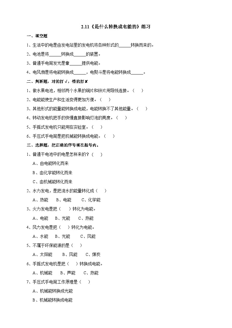 粤教粤科版（2019）科学六下 2.11《是什么转换成电能的》练习第1页
