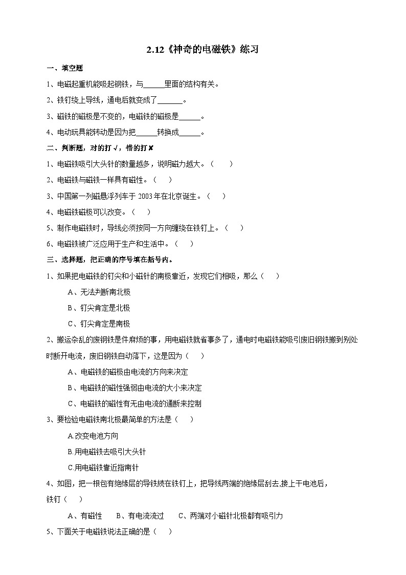 粤教粤科版（2019）科学六下 2.12《神奇的电磁铁》练习第1页