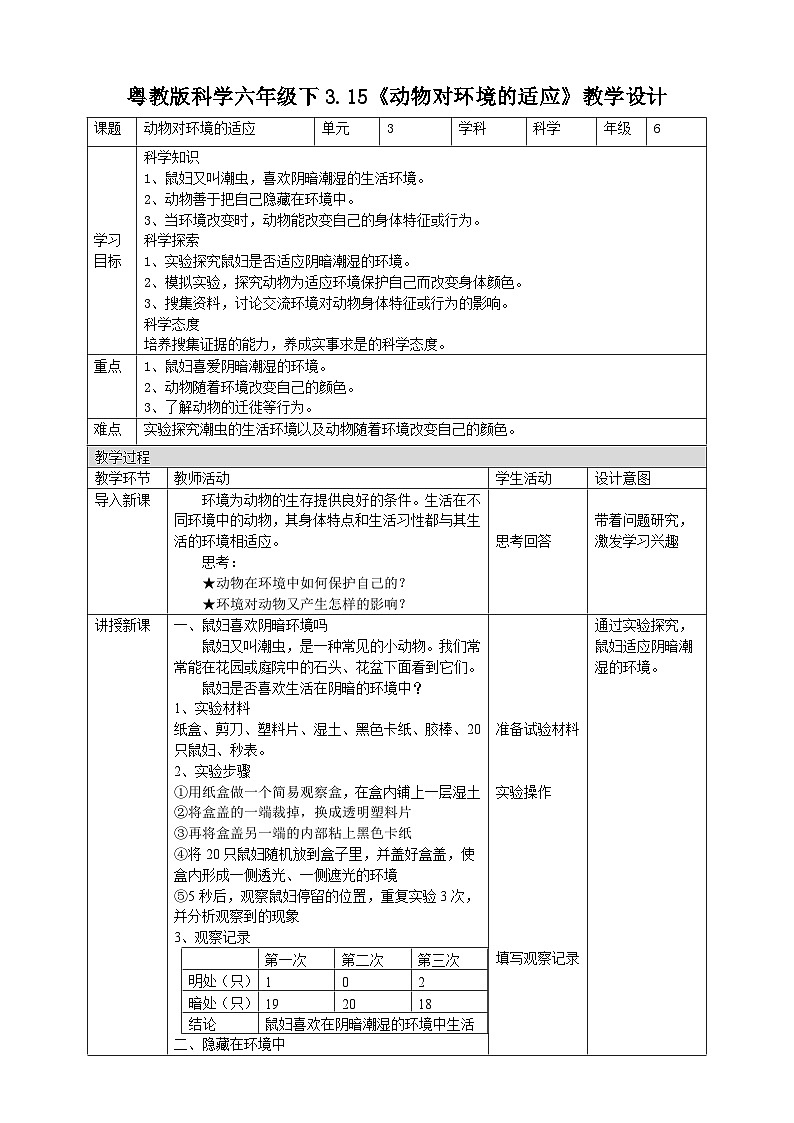 粤教粤科版（2019）科学六下 3.15《动物对环境的适应》教案第1页