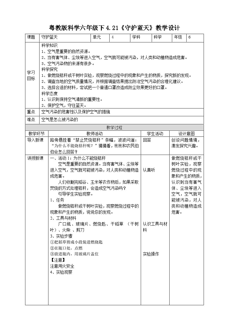 粤教粤科版（2019）科学六下 4.21《守护蓝天》教案第1页