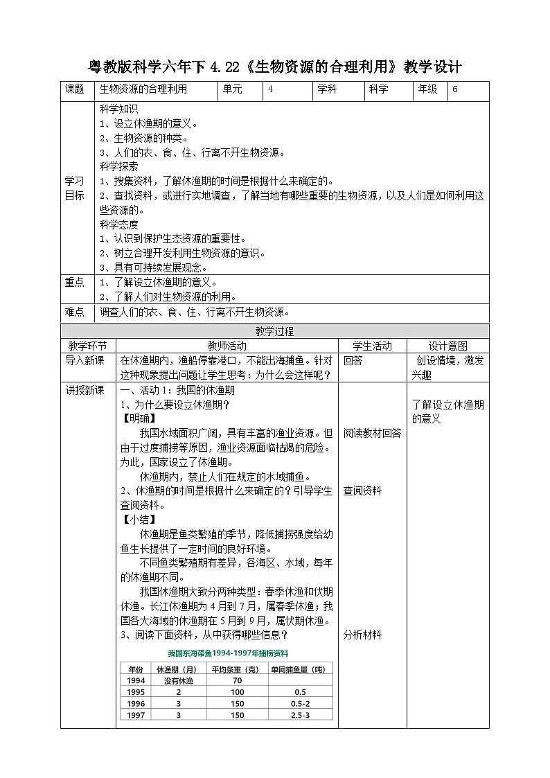 粤教粤科版（2019）科学六下 4.22《生物资源的合理利用》教案第1页