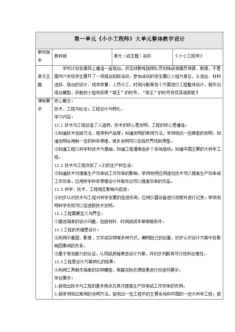 【大单元教案】教科版科学六年级下册 第一单元  单元教学设计第1页