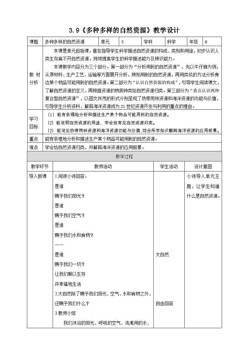 苏教版（2017）科学六下 3.9《多种多样的自然资源》教案第1页