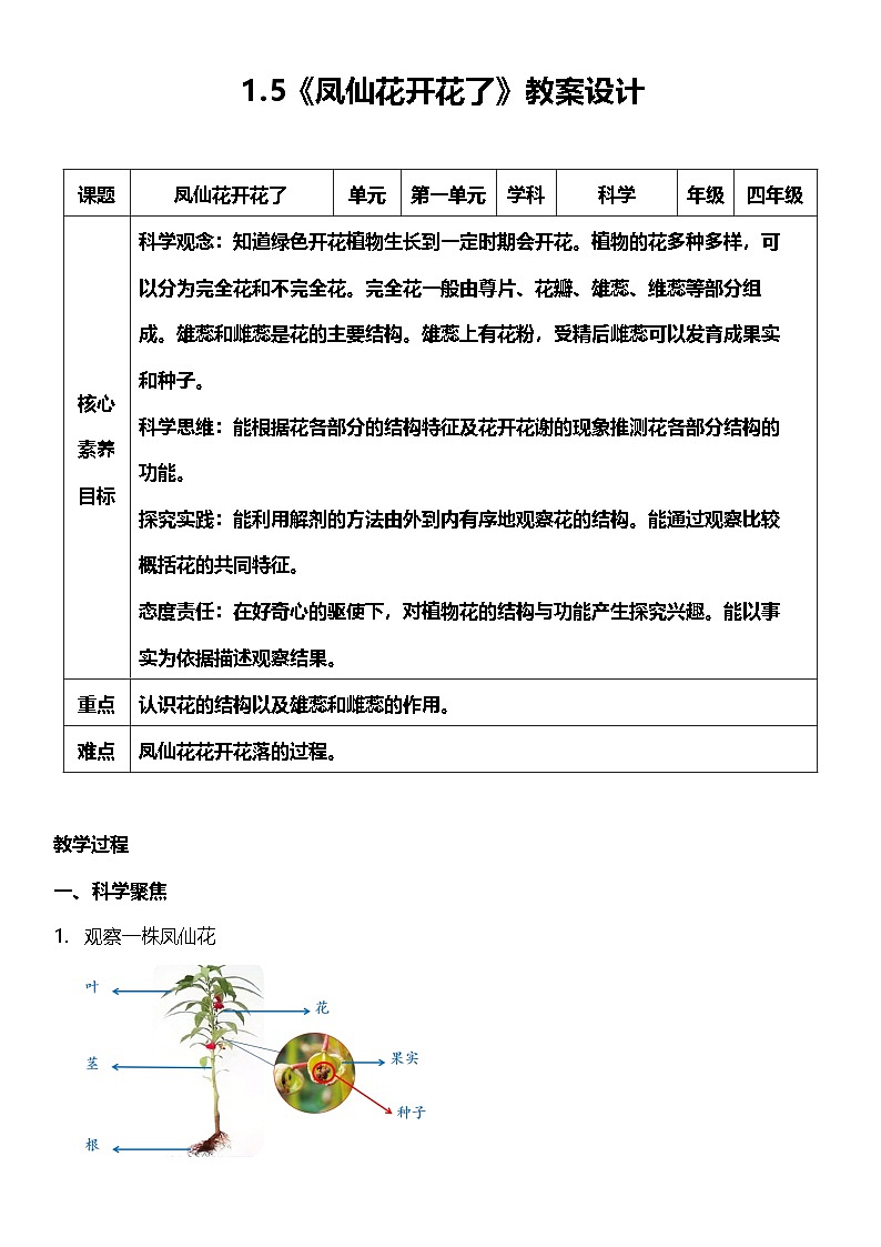 【核心素养】教科版科学四年级下册 1.5《凤仙花开花了》教案第1页