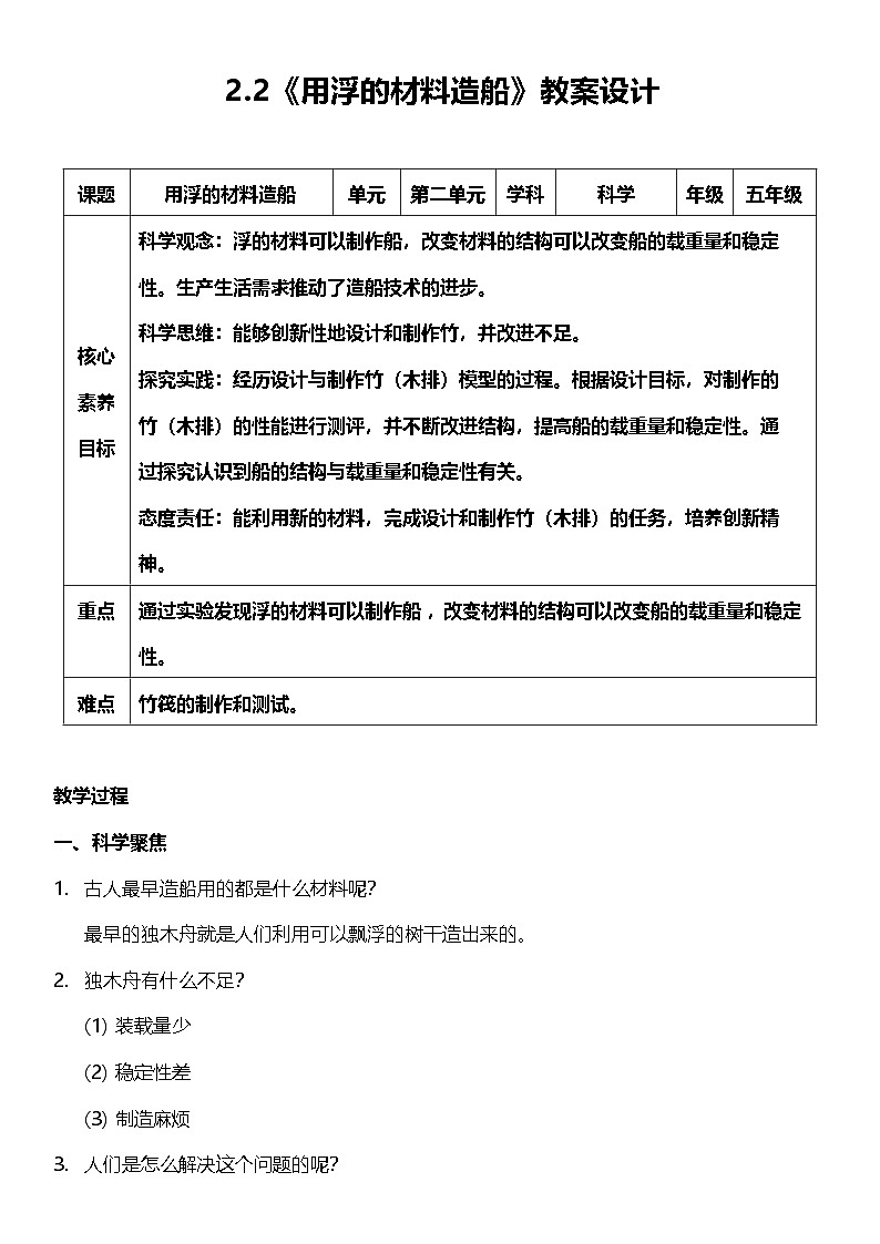 【核心素养】教科版科学五年级下册 2.2《用浮的材料造船》教案第1页