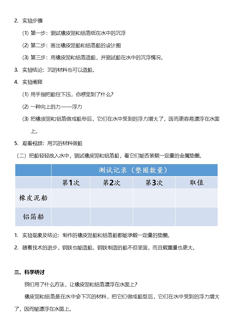 【核心素养】教科版科学五年级下册 2.3《用沉的材料造船》教案第2页