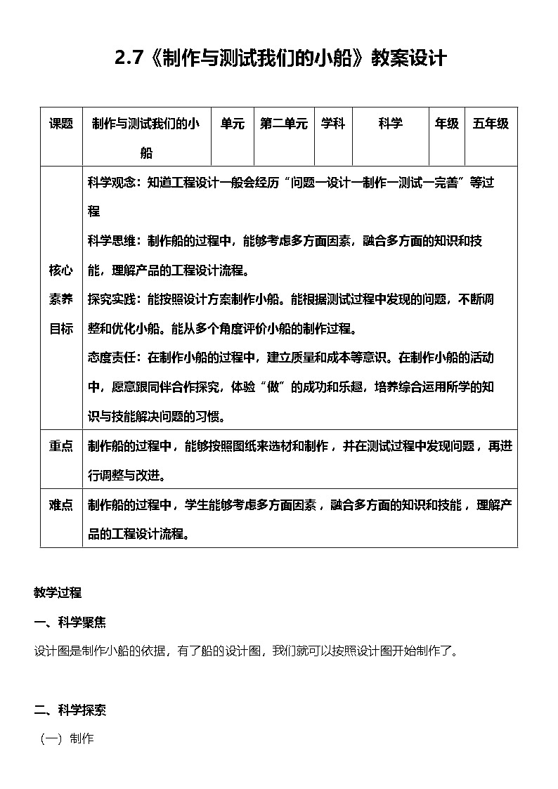 【核心素养】教科版科学五年级下册 2.7《制作与测试我们的小船》教案第1页