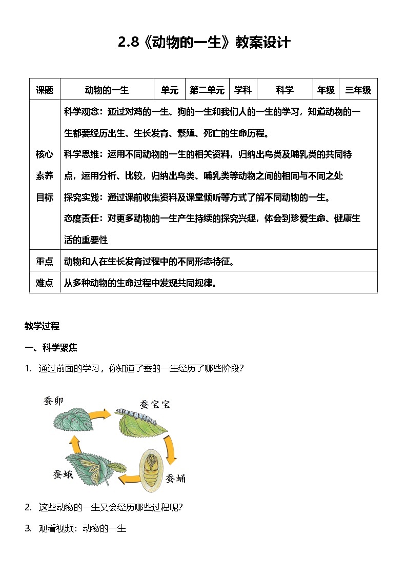 【核心素养】教科版科学三年级下册 2.8《动物的一生》教案第1页