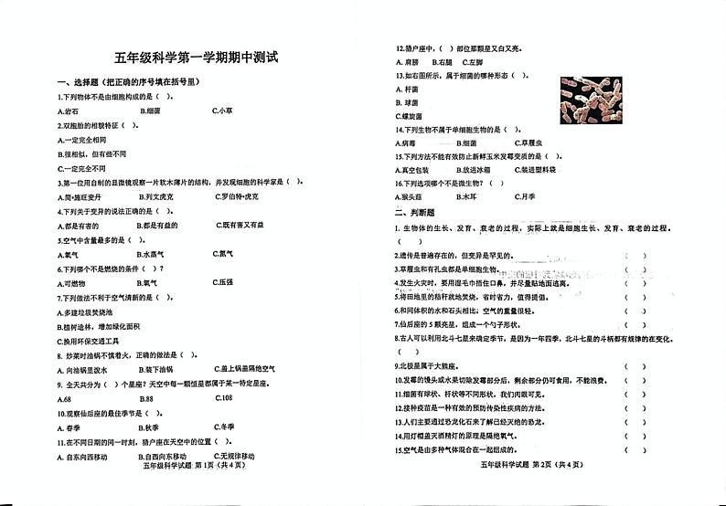 山东省济南市莱芜区2024-2025学年五年级上学期期中科学试题第1页