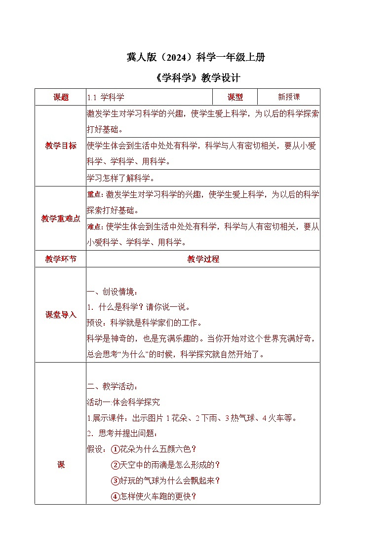 1.1 学科学（教学设计）-一年级科学上册同步精品课堂（冀人版·2024秋）第1页