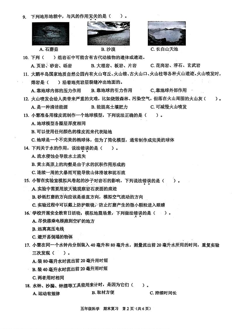 广东省深圳市福田区2024-2025学年五年级上学期期末模拟科学试卷第2页